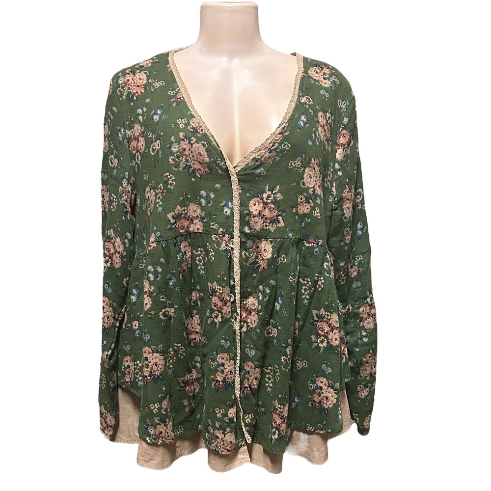 O-Nelue Floral Green Blouse Long Sleeve V Neck Peplum Top Boho Chic Size L